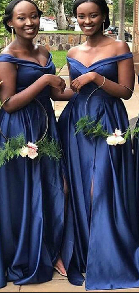 Unique Royal Blue A-Line Off Shoulder Side Slit Cheap Long Bridesmaid Dresses Online,CP15