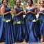 Unique Royal Blue A-Line Off Shoulder Side Slit Cheap Long Bridesmaid Dresses Online,CP15