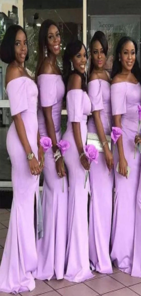 Elegant Lilac Mermaid Off Shoulder Side Slit Cheap Popular Long Wedding Party Bridesmaid Dresses Online, CP152