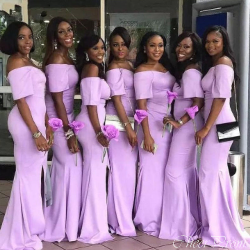 Elegant Lilac Mermaid Off Shoulder Side Slit Cheap Popular Long Wedding Party Bridesmaid Dresses Online, CP152