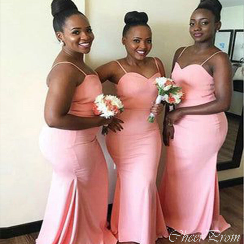 Sexy Pink Mermaid Sweetheart Spaghetti Straps Cheap Popular Long Wedding Party Bridesmaid Dresses Online, CP155