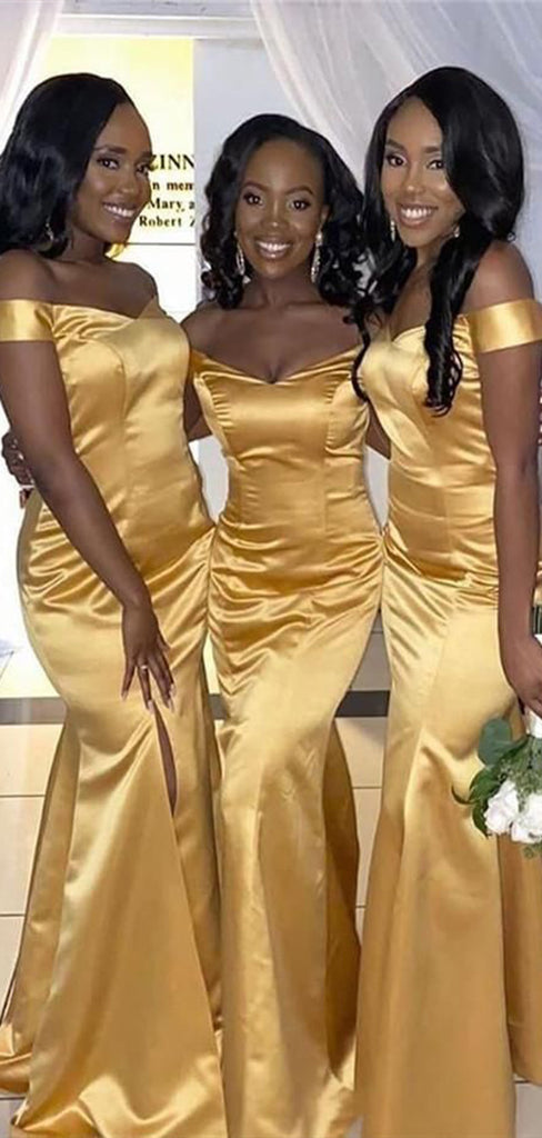 Gorgeous Gold Mermaid Off Shoulder Side Slit Cheap Popular Long Wedding Party Bridesmaid Dresses Online, CP158