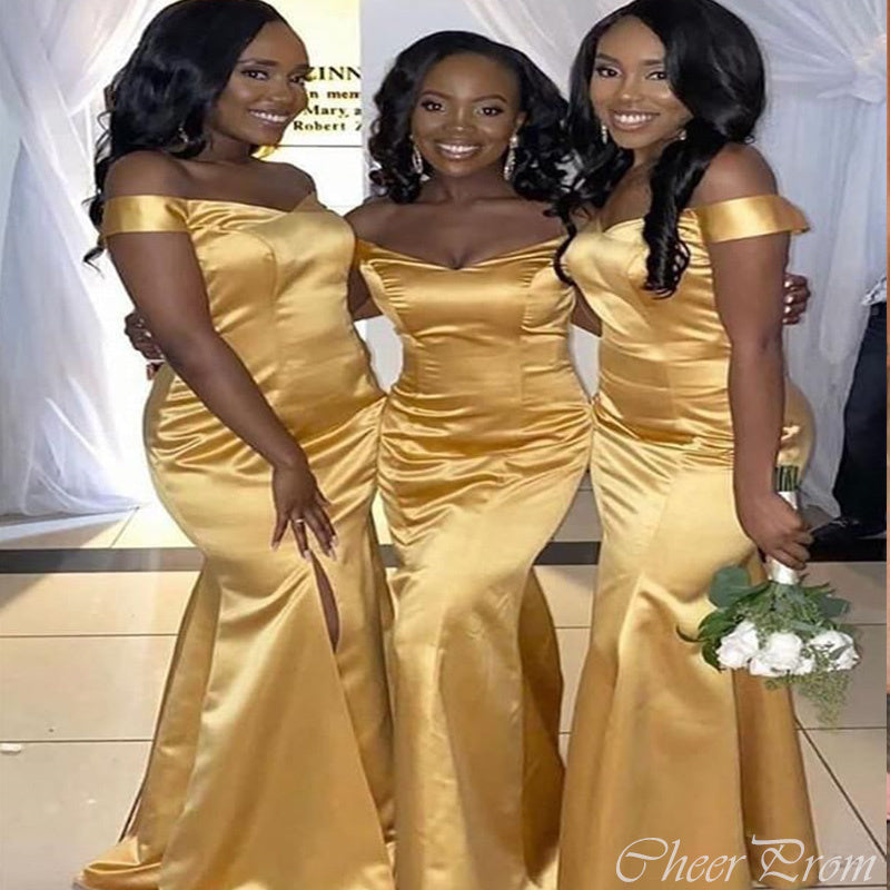 Gorgeous Gold Mermaid Off Shoulder Side Slit Cheap Popular Long Wedding Party Bridesmaid Dresses Online, CP158