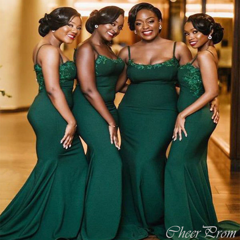 Sexy Emerald Green Mermaid Spaghetti Straps Applique Cheap Long Bridesmaid Dresses Online,CP17