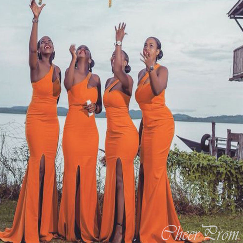 Popular Burnt Orange Mermaid One Shoulder Side Slit Cheap Long Bridesmaid Dresses Online,CP19