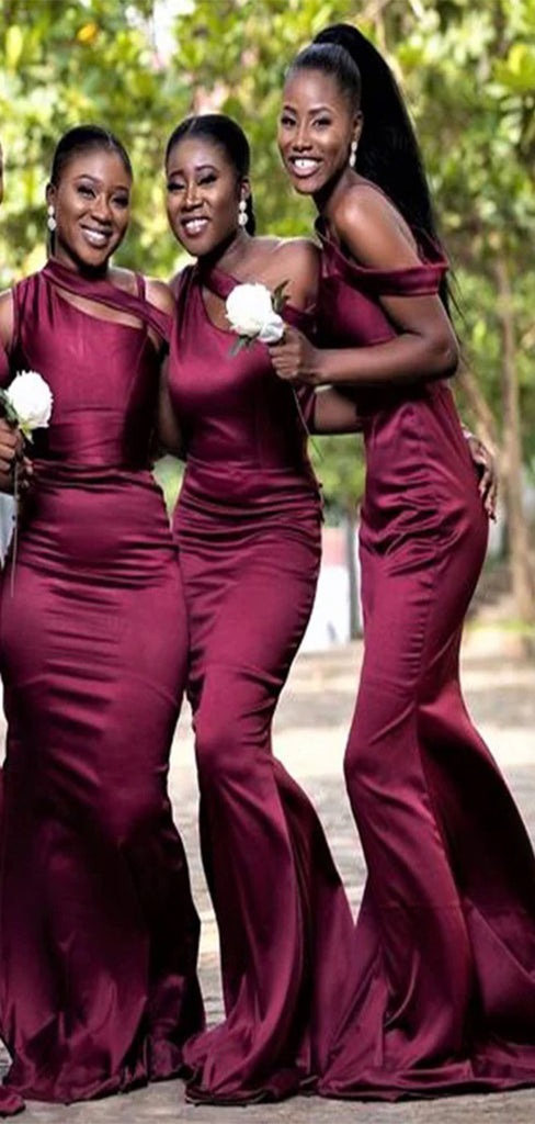 Mismatched Burgundy Mermaid One Shoulder Cheap Bridesmaid Dresses,CP01