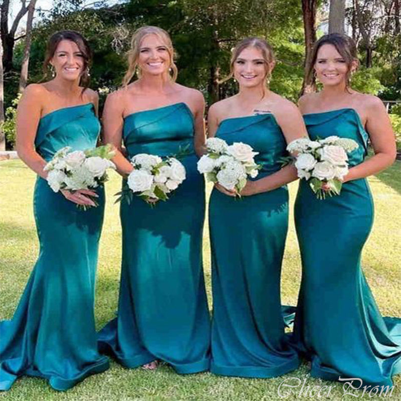 Unique Mermaid Strapless Sleeveless Cheap Popular Long Wedding Party Bridesmaid Dresses Online, CP166