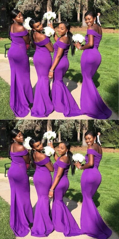 Sexy Purple Mermaid Off Shoulder Cheap Popular Long Wedding Party Bridesmaid Dresses Online, CP171