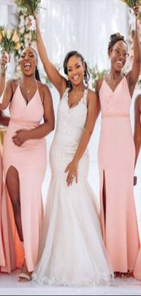 Sexy Pink Mermaid Halter V Neck Side Slit Cheap Popular Long Wedding Party Bridesmaid Dresses Online, CP172