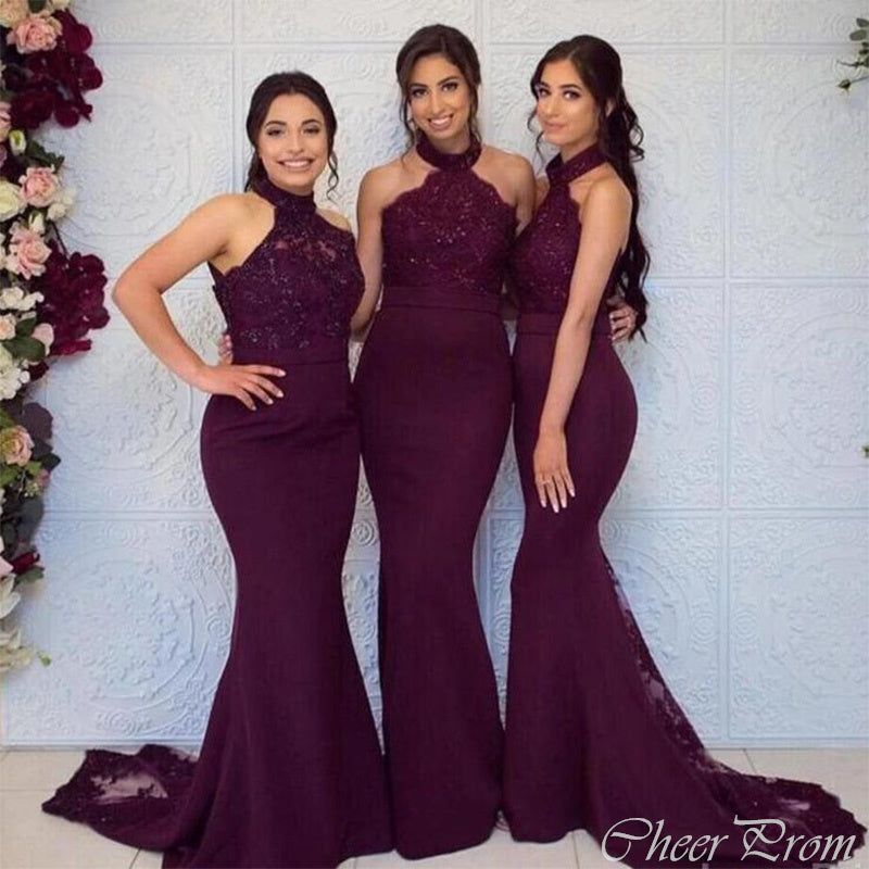 Elegant Mermaid Halter Lace Cheap Long Bridesmaid Dresses Online,CP20