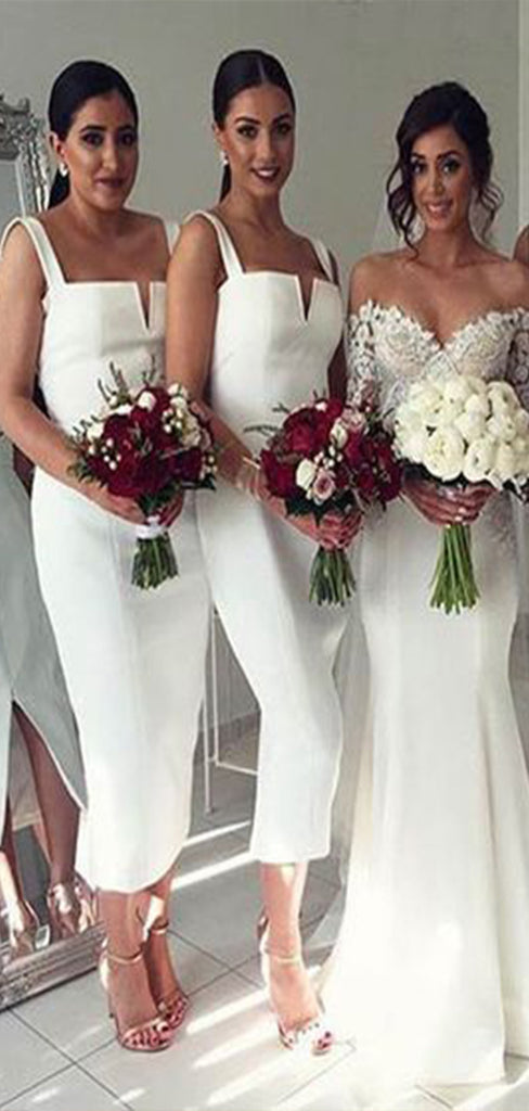 Unique White Mermaid Straps Slit Cheap Popular Long Wedding Party Bridesmaid Dresses Online, CP177