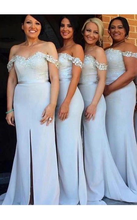 Elegant Mermaid Off Shoulder Front Slit Applique Cheap Popular Long Wedding Party Bridesmaid Dresses Online, CP178