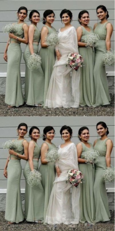 Two Pieces Elegant Sage Mermaid Jewel Sleeveless Cheap Popular Long Wedding Party Bridesmaid Dresses Online, CP179