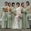 Two Pieces Elegant Sage Mermaid Jewel Sleeveless Cheap Popular Long Wedding Party Bridesmaid Dresses Online, CP179