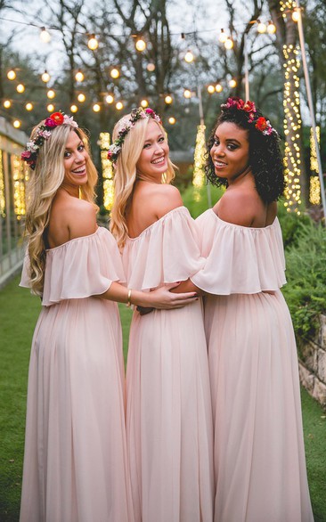 Elegant Light Pink A-Line Off Shoulder Cheap Popular Long Wedding Party Bridesmaid Dresses Online, CP185