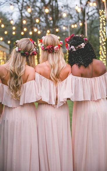 Elegant Light Pink A-Line Off Shoulder Cheap Popular Long Wedding Party Bridesmaid Dresses Online, CP185