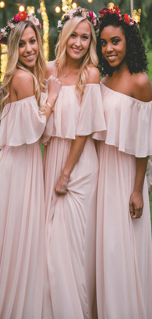 Elegant Light Pink A-Line Off Shoulder Cheap Popular Long Wedding Party Bridesmaid Dresses Online, CP185