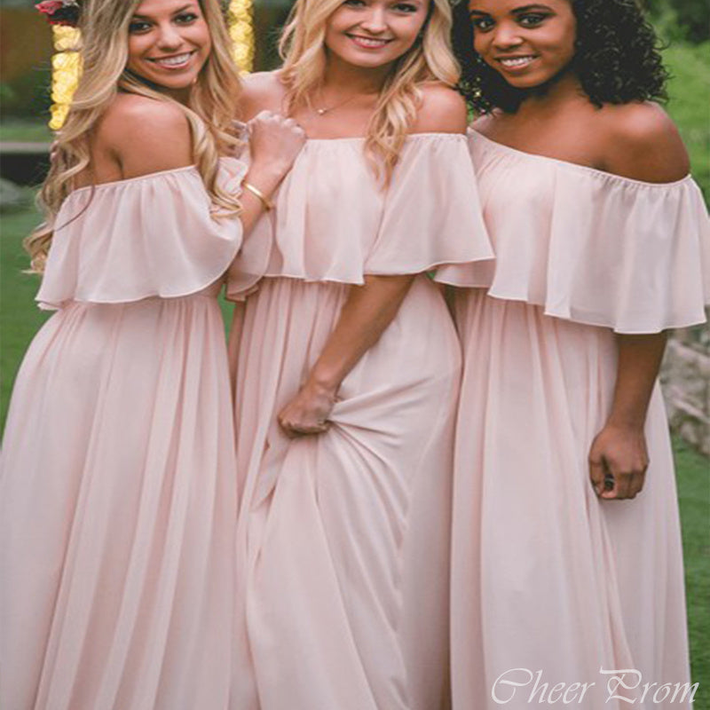 Elegant Light Pink A-Line Off Shoulder Cheap Popular Long Wedding Party Bridesmaid Dresses Online, CP185