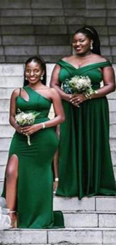 Mismatched Green Side Slit Cheap Popular Long Wedding Party Bridesmaid Dresses Online, CP189