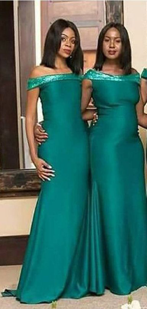 Charming Green Mermaid Off Shoulder Sequin Cheap Popular Long Wedding Party Bridesmaid Dresses Online, CP197