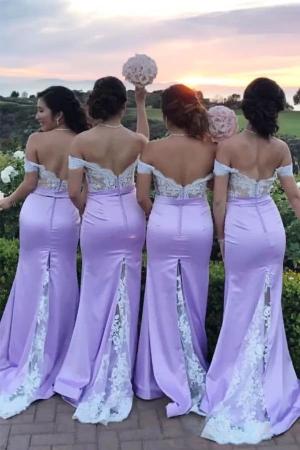 Gorgeous Light Purple Mermaid Off Shoulder Lace Cheap Popular Long Wedding Party Bridesmaid Dresses Online, CP200