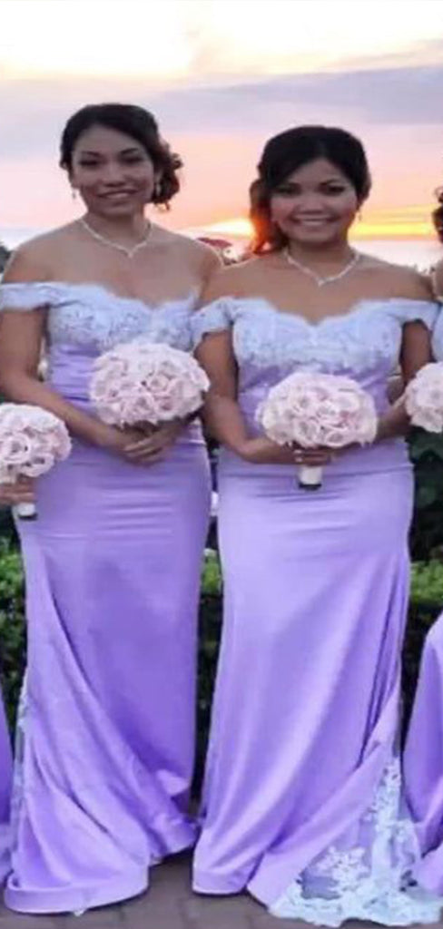 Gorgeous Light Purple Mermaid Off Shoulder Lace Cheap Popular Long Wedding Party Bridesmaid Dresses Online, CP200