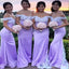 Gorgeous Light Purple Mermaid Off Shoulder Lace Cheap Popular Long Wedding Party Bridesmaid Dresses Online, CP200