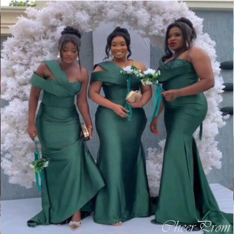 Unique Dark Green Mermaid One Shoulder Cheap Popular Long Wedding Party Bridesmaid Dresses Online, CP201