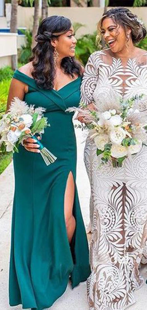 Charming Emerald Mermaid V Neck Off Shoulder Side Slit Cheap Popular Long Wedding Party Bridesmaid Dresses Online, CP203