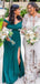 Charming Emerald Mermaid V Neck Off Shoulder Side Slit Cheap Popular Long Wedding Party Bridesmaid Dresses Online, CP203