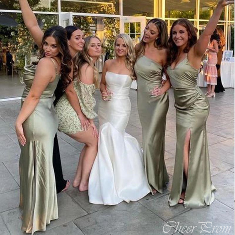 Sexy Mermaid Spaghetti Strap Side Slit Sleeveless Cheap Popular Long Wedding Party Bridesmaid Dresses Online, CP205