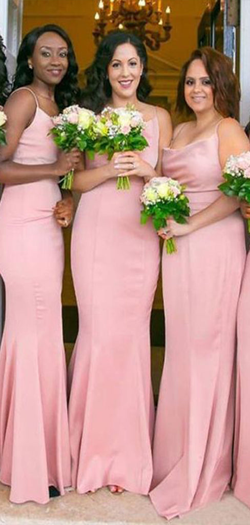 Simple Pink Mermaid Spaghetti Straps Sleeveless Cheap Popular Long Wedding Party Bridesmaid Dresses Online, CP213