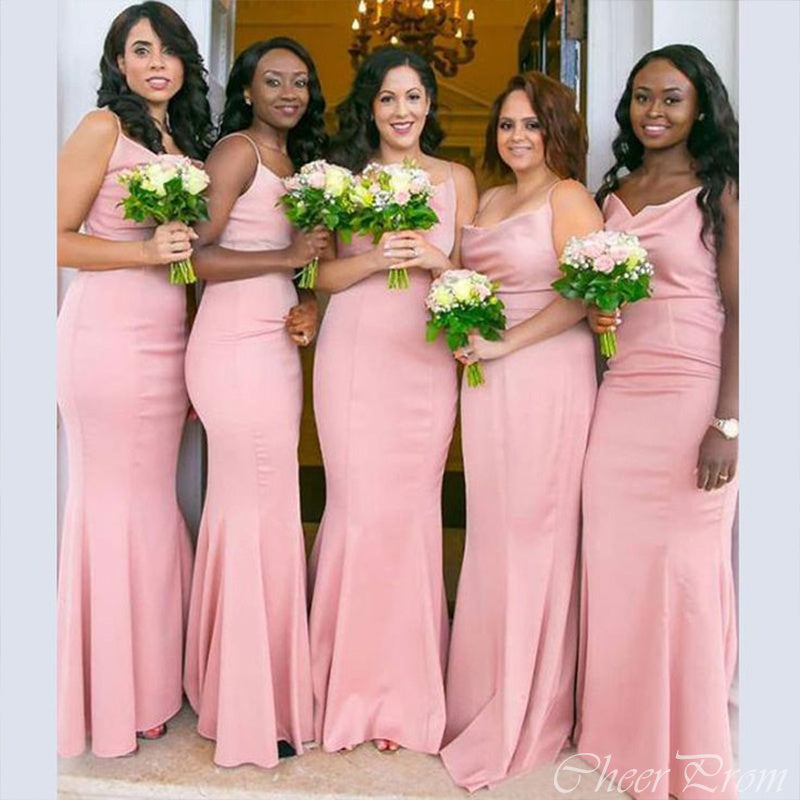 Simple Pink Mermaid Spaghetti Straps Sleeveless Cheap Popular Long Wedding Party Bridesmaid Dresses Online, CP213