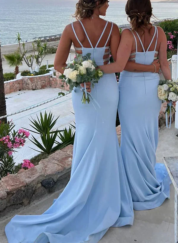 Elegant Sky Blue Mermaid Sweetheart Spaghetti Straps Sleeveless Cheap Popular Long Wedding Party Bridesmaid Dresses Online, CP214