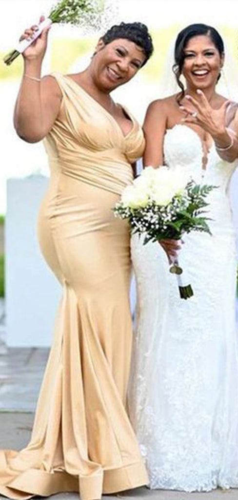 Elegant Champagne Mermaid Straps V Neck Cheap Popular Long Wedding Party Bridesmaid Dresses Online, CP216