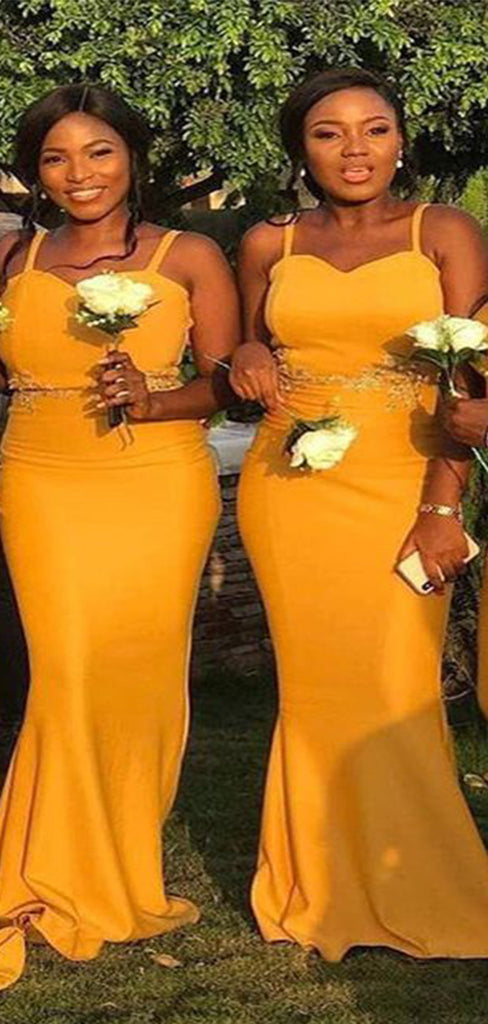 Charming Yellow Mermaid Sweetheart Spaghetti Straps Lace Cheap Popular Long Wedding Party Bridesmaid Dresses Online, CP217