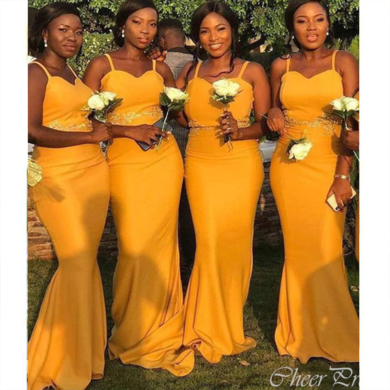 Charming Yellow Mermaid Sweetheart Spaghetti Straps Lace Cheap Popular Long Wedding Party Bridesmaid Dresses Online, CP217