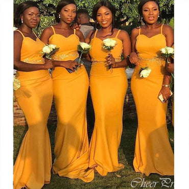 Charming Yellow Mermaid Sweetheart Spaghetti Straps Lace Cheap Popular Long Wedding Party Bridesmaid Dresses Online, CP217