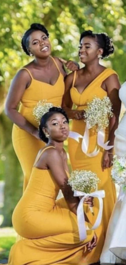 Simple Yellow Mermaid Spaghetti Straps V Neck Cheap Popular Long Wedding Party Bridesmaid Dresses Online, CP219