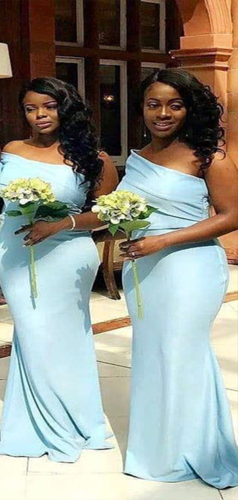 Elegant Blue Mermaid Straps One Shoulder Cheap Popular Long Wedding Party Bridesmaid Dresses Online, CP222