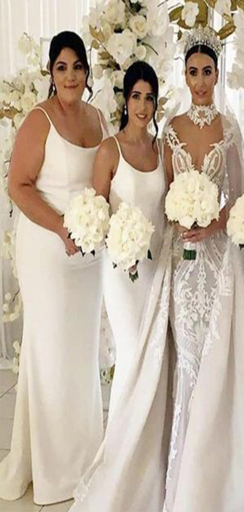 Unique White Mermaid Spaghetti Straps Sleeveless Cheap Popular Long Wedding Party Bridesmaid Dresses Online, CP225