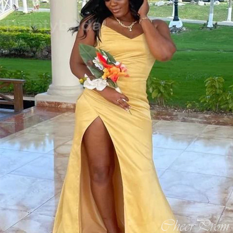 Unique Yellow Mermaid Spaghetti Straps Sleeveless Side Slit Cheap Popular Long Wedding Party Bridesmaid Dresses Online, CP226