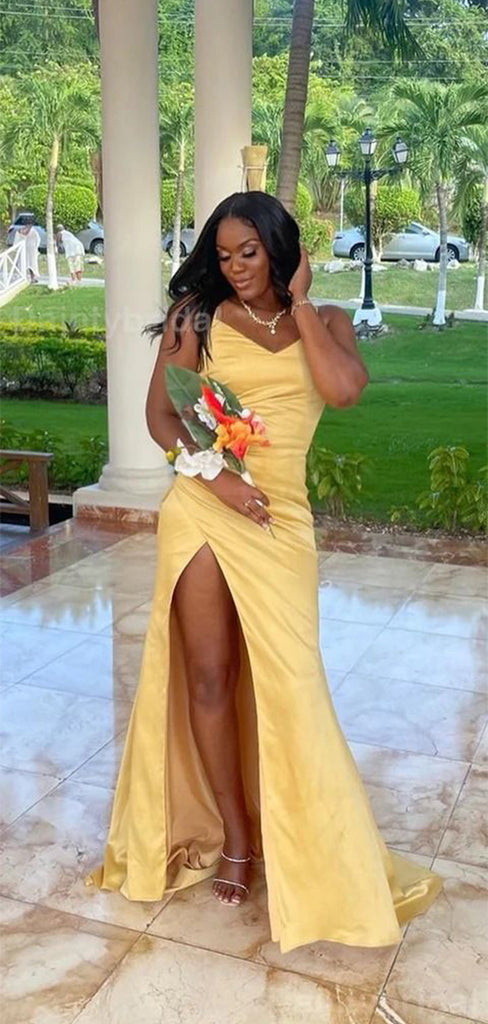 Unique Yellow Mermaid Spaghetti Straps Sleeveless Side Slit Cheap Popular Long Wedding Party Bridesmaid Dresses Online, CP226