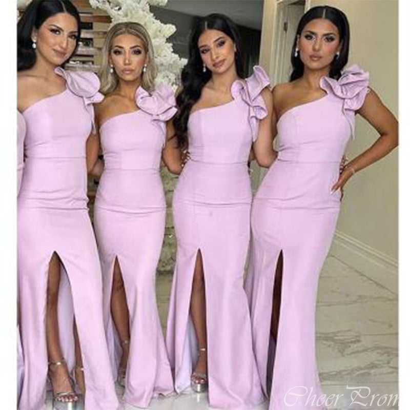 Elegant Mermaid One Shoulder Side Slit Cheap Popular Long Wedding Party Bridesmaid Dresses Online, CP227