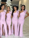 Elegant Mermaid One Shoulder Side Slit Cheap Popular Long Wedding Party Bridesmaid Dresses Online, CP227