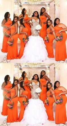 Unique Orange Mermaid One Shoulder Sleeveless Cheap Popular Long Wedding Party Bridesmaid Dresses Online, CP234