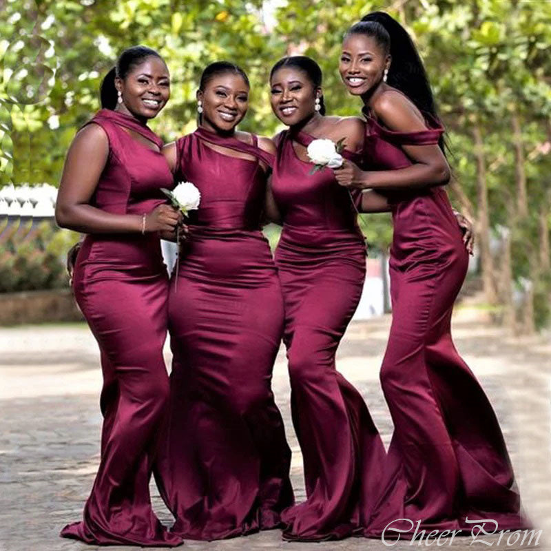 Mismatched Burgundy Mermaid One Shoulder Cheap Bridesmaid Dresses,CP01