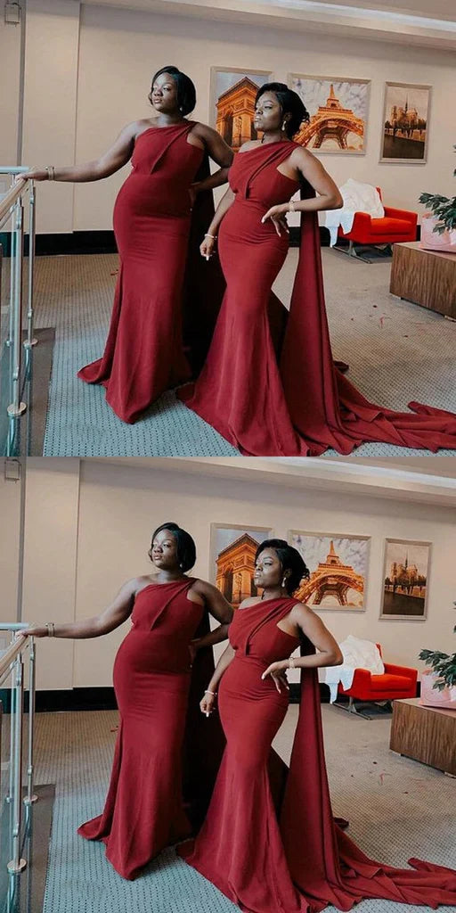 Charming Dark Red Mermaid One Shoulder Sleeveless Cheap Popular Long Wedding Party Bridesmaid Dresses Online, CP243