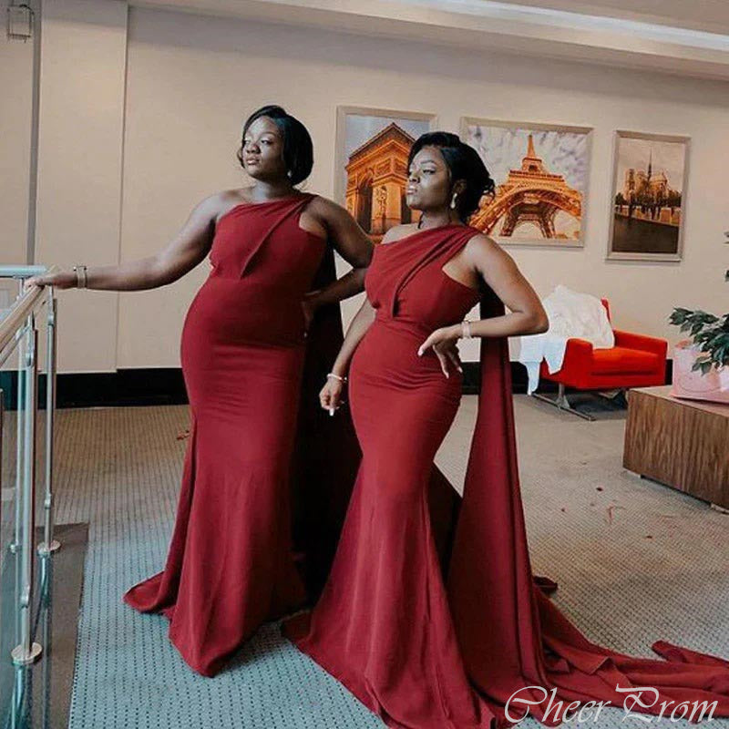 Charming Dark Red Mermaid One Shoulder Sleeveless Cheap Popular Long Wedding Party Bridesmaid Dresses Online, CP243