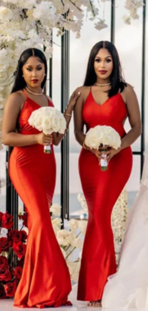 Sexy Red Mermaid Spaghetti Straps Sleeveless Cheap Popular Long Wedding Party Bridesmaid Dresses Online, CP244